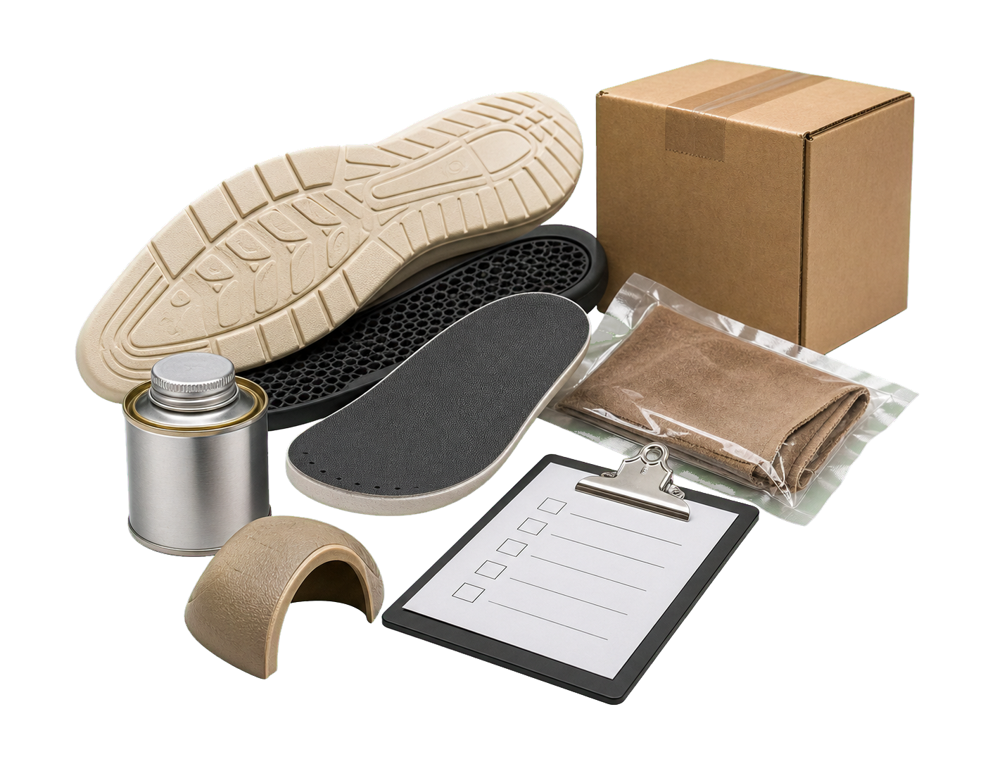 Footwear components, delivery package and quality checklist